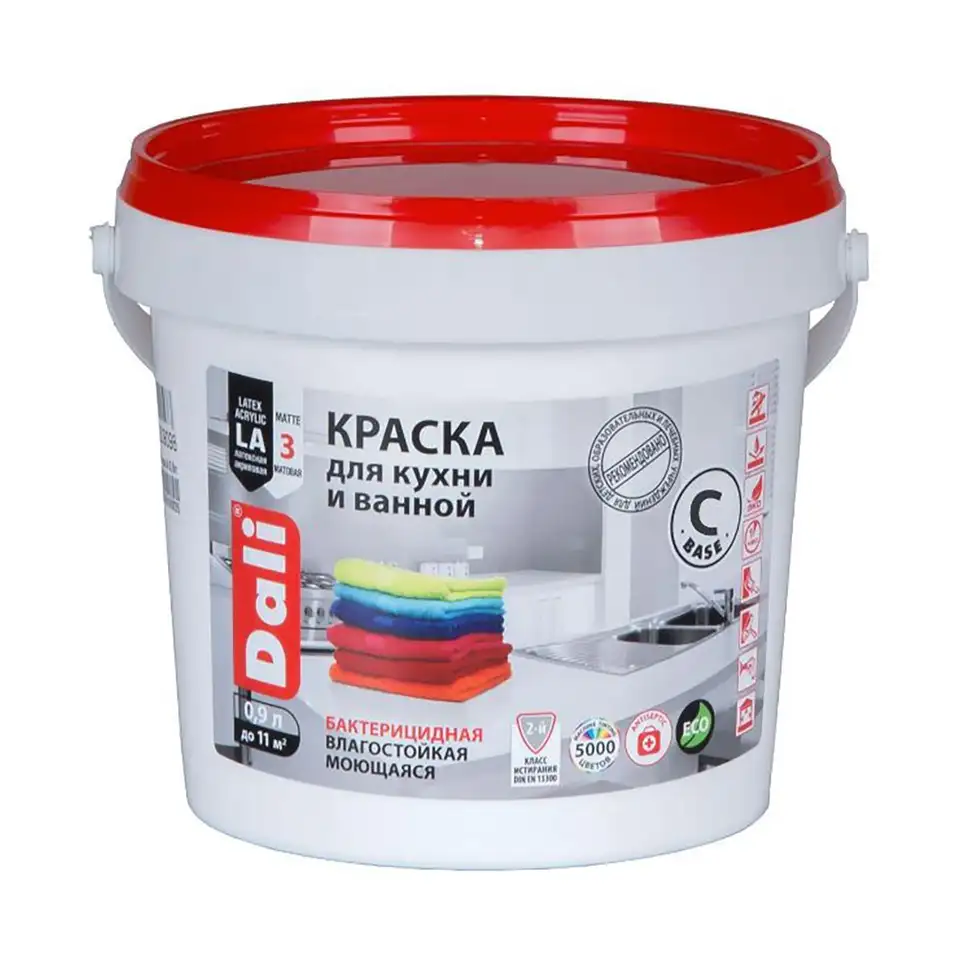 Краска для кухни и ванной Dali, латексная, глубокоматовая, база C, бесцветная, 0,9 л — фото 1