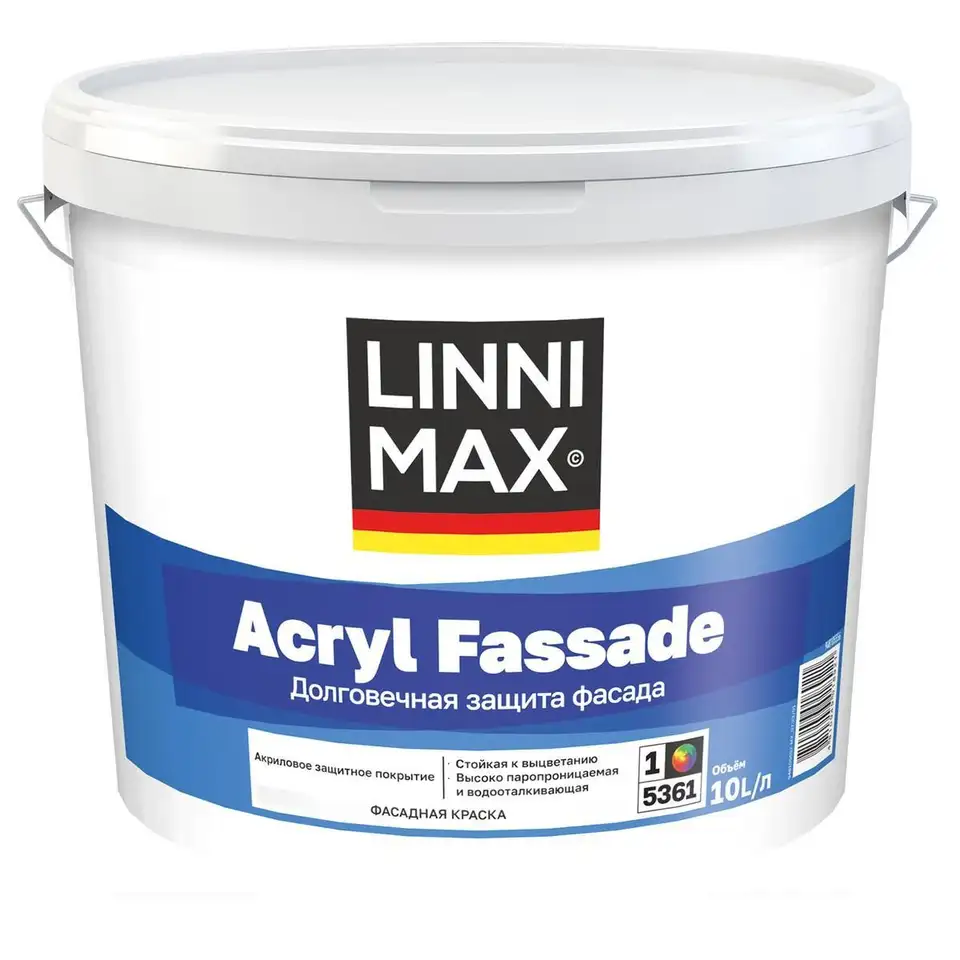 Краска фасадная Linnimax Acryl Fassade, матовая, база 1, белая, 10 л — фото 1 Краска фасадная Linnimax Acryl Fassade, матовая, база 1, белая, 10 л — фото 1