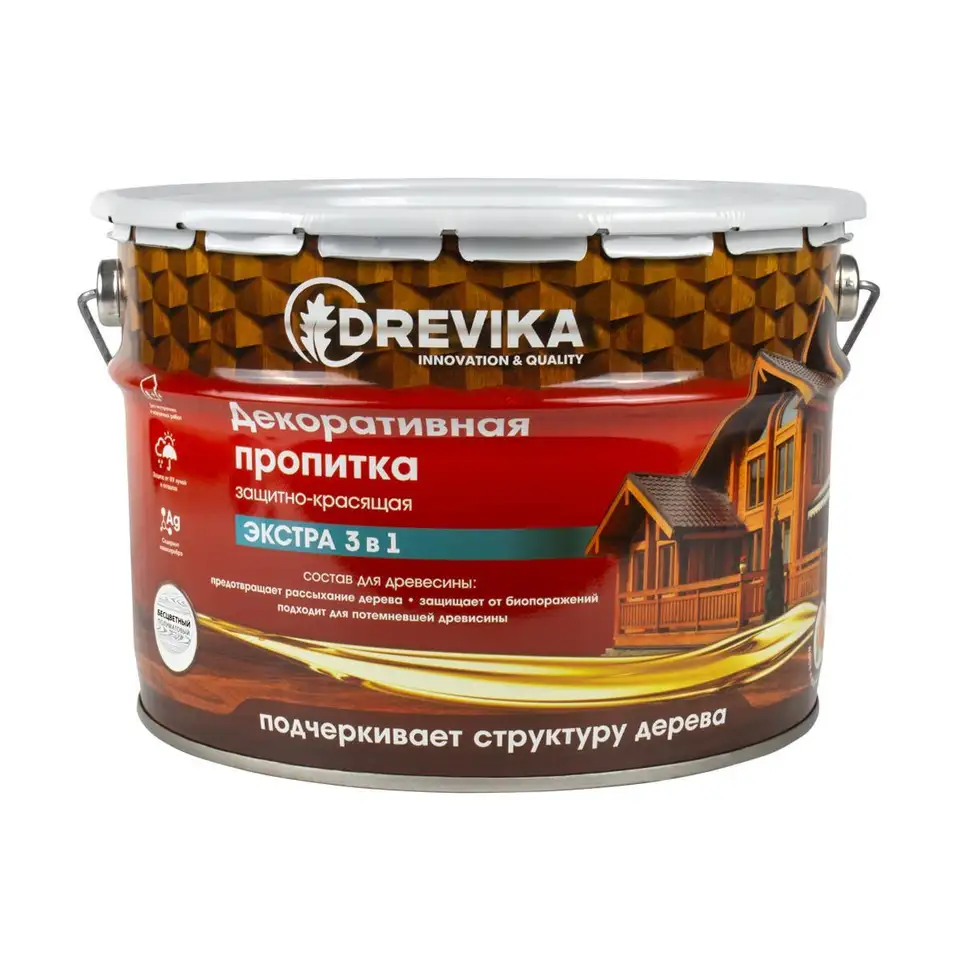 Декоративная пропитка для дерева Drevika Экстра 3 в 1, полуматовая, 9 л, бесцветная — фото 1