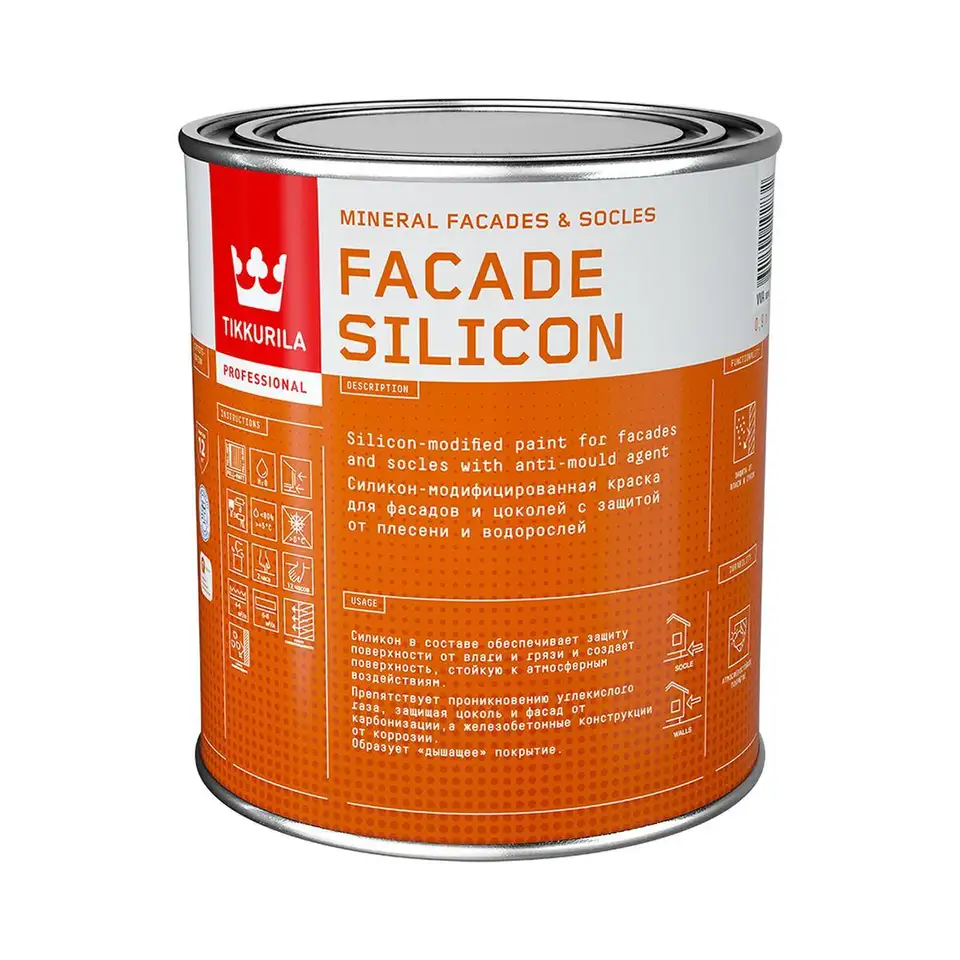 Краска для фасадов и цоколей Tikkurila Facade Silicon (Фасад Силикон), 0,9 л, бесцветный, база С — фото 1 Краска для фасадов и цоколей Tikkurila Facade Silicon (Фасад Силикон), 0,9 л, бесцветный, база С — фото 1