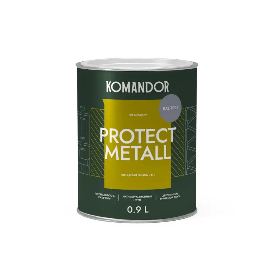 Грунт-эмаль по ржавчине 3 в 1 Komandor Protect Metall, глянцевая, 0,9 л, RAL 7004, серый — фото 1 Грунт-эмаль по ржавчине 3 в 1 Komandor Protect Metall, глянцевая, 0,9 л, RAL 7004, серый — фото 1