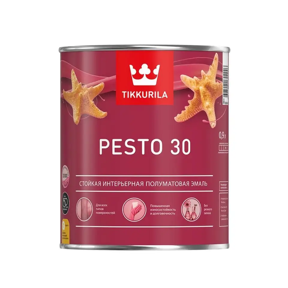 Эмаль алкидная стойкая полуматовая Tikkurila Pesto 30 (Песто 30), 0,9 л, база С, бесцветная — фото 1 Эмаль алкидная стойкая полуматовая Tikkurila Pesto 30 (Песто 30), 0,9 л, база С, бесцветная — фото 1