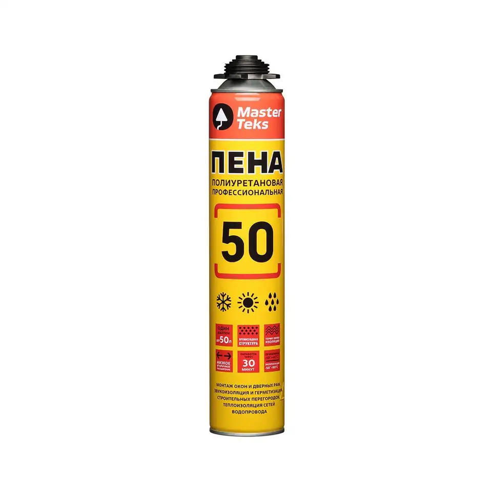 Профессиональная монтажная пена Masterteks 50 PRO, всесезонная, 715 мл — фото 1 Профессиональная монтажная пена Masterteks 50 PRO, всесезонная, 715 мл — фото 1