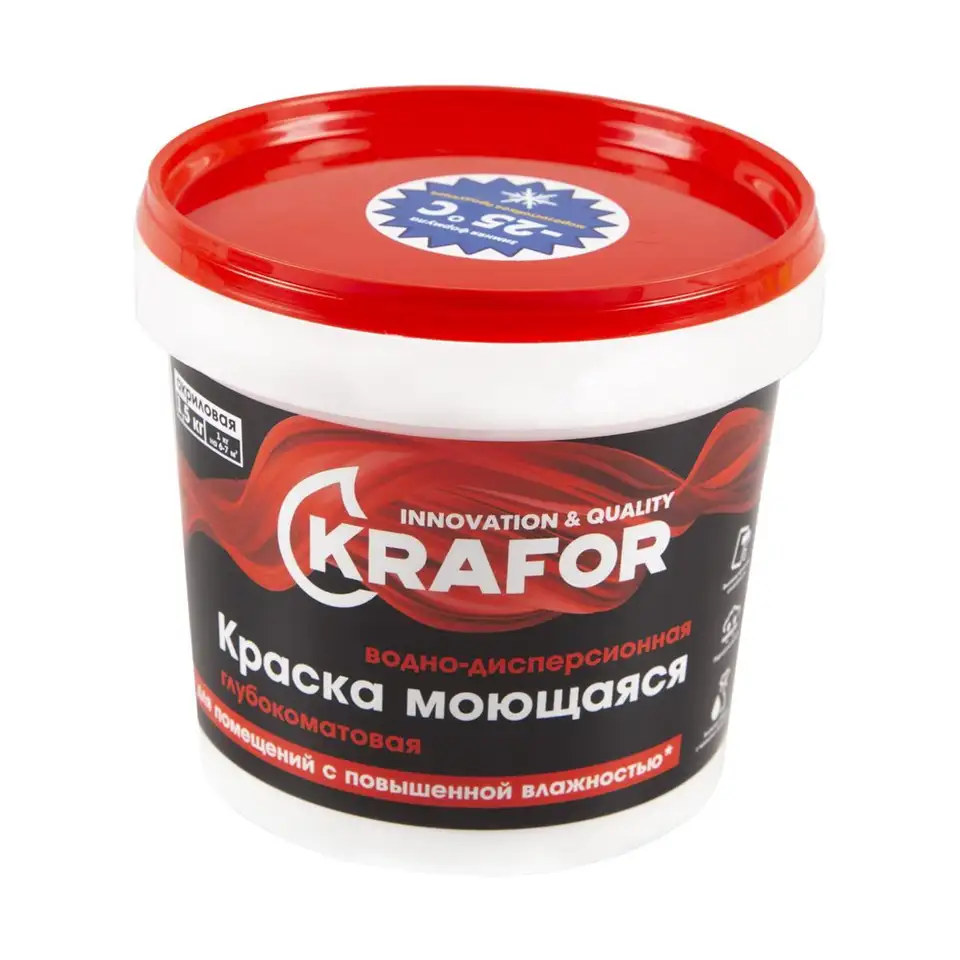 Краска водно-дисперсионная интерьерная моющаяся Krafor, глубокоматовая, 1,5 кг, белая — фото 1 Краска водно-дисперсионная интерьерная моющаяся Krafor, глубокоматовая, 1,5 кг, белая — фото 1