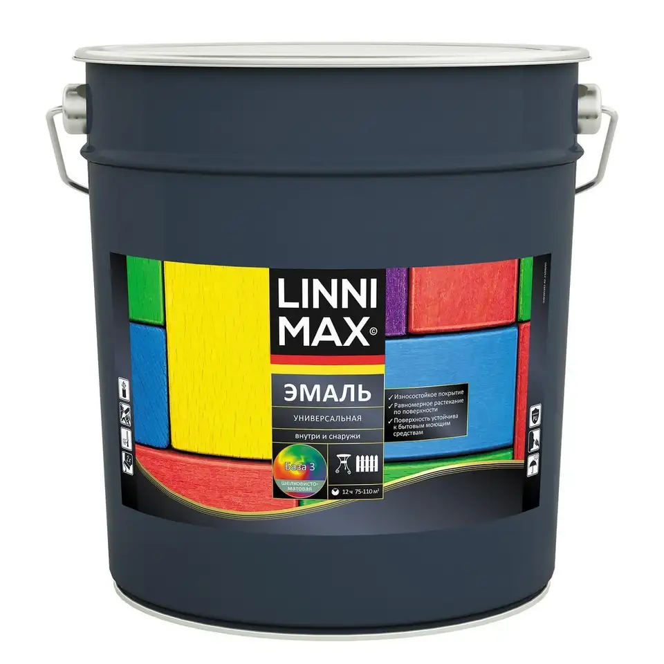Эмаль алкидная Linnimax, универсальная, шелковисто-матовая, база 3, бесцветная, 8,28 л — фото 1 Эмаль алкидная Linnimax, универсальная, шелковисто-матовая, база 3, бесцветная, 8,28 л — фото 1