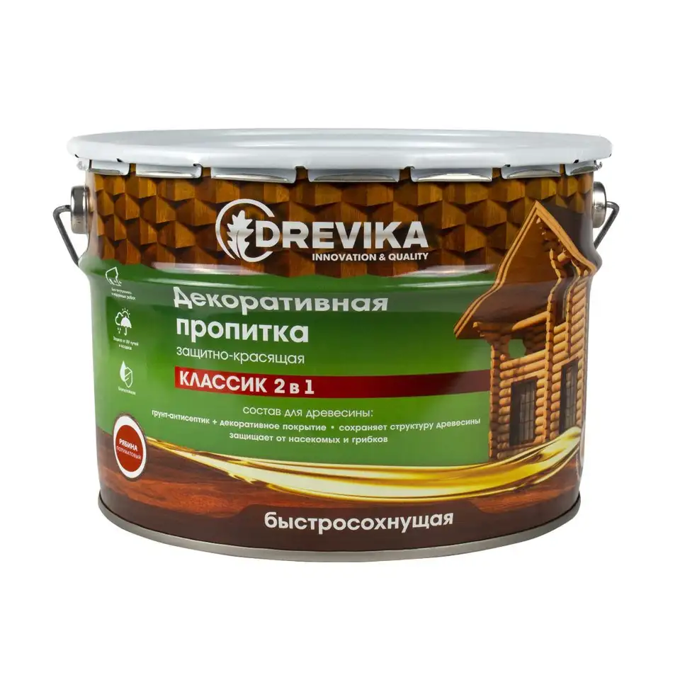 Декоративная пропитка для дерева Drevika Классик 2 в 1, полуматовая, 9 л, рябина — фото 1