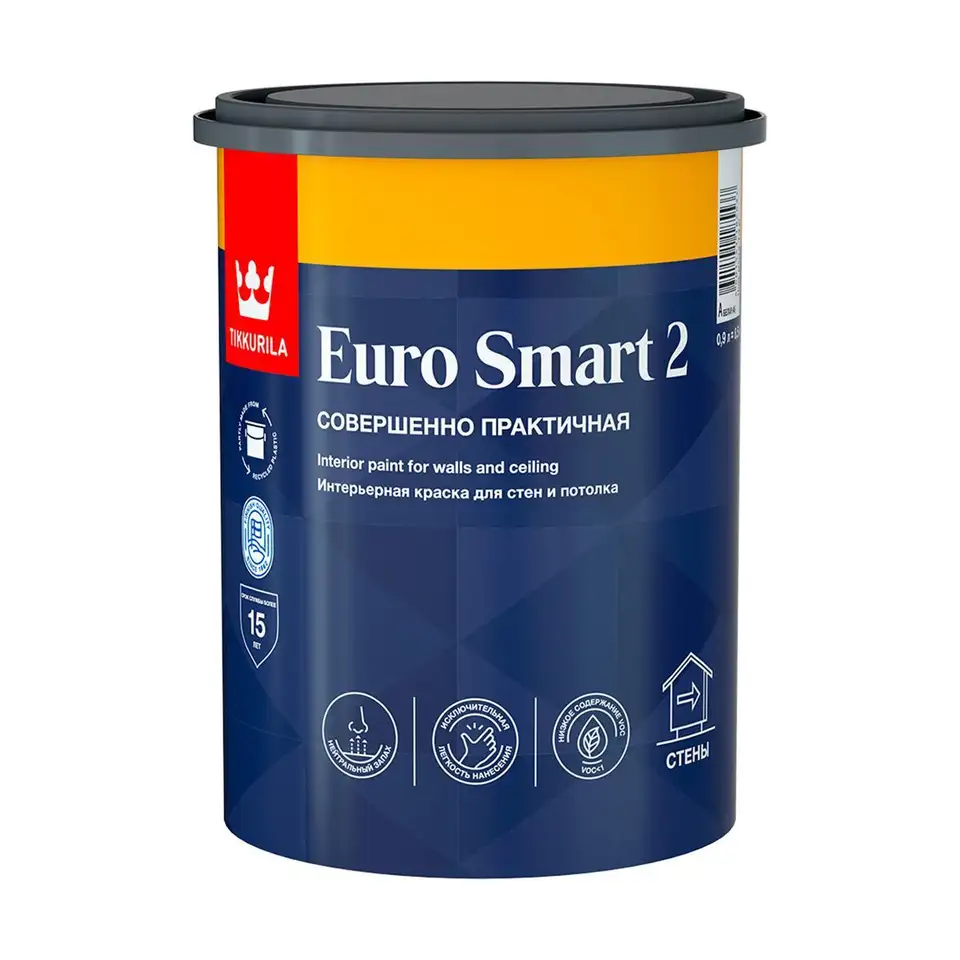 Краска моющаяся для стен и потолков Tikkurila Euro Smart 2 (Евро Смарт 2), 0,9 л, белый, база А — фото 1