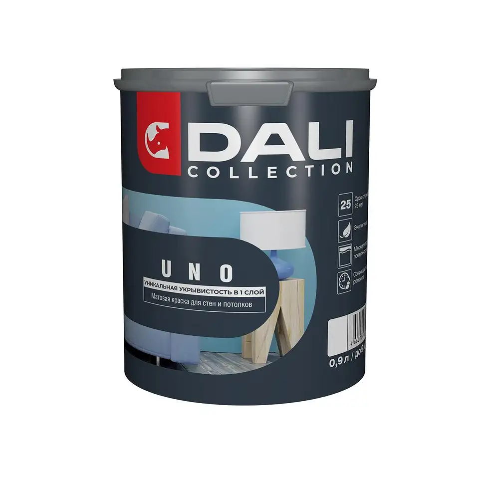 Краска для стен и потолков Dali Collection Uno, матовая, база C, бесцветная, 0,9 л — фото 1 Краска для стен и потолков Dali Collection Uno, матовая, база C, бесцветная, 0,9 л — фото 1