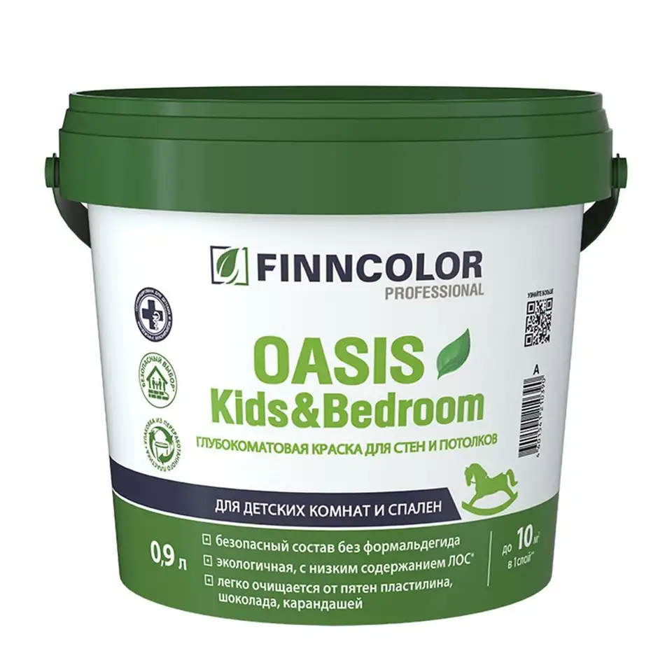 Краска для стен и потолков Oasis Kids&Bedroom FINNCOLOR, глубокоматовая, база А, белая, 0,9 л — фото 1