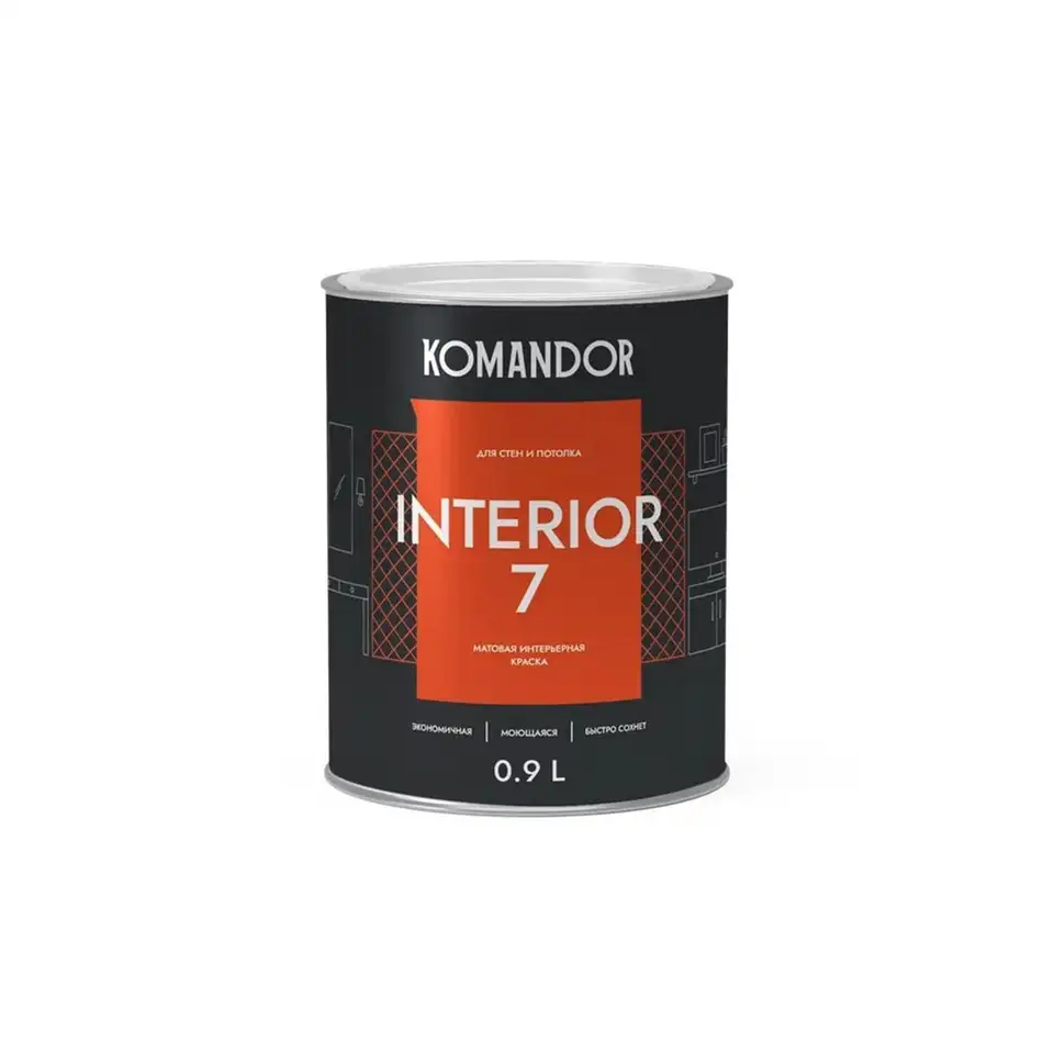 Краска для стен и потолков Komandor Interior 7, матовая, база C, бесцветная, 0,9 л — фото 1 Краска для стен и потолков Komandor Interior 7, матовая, база C, бесцветная, 0,9 л — фото 1