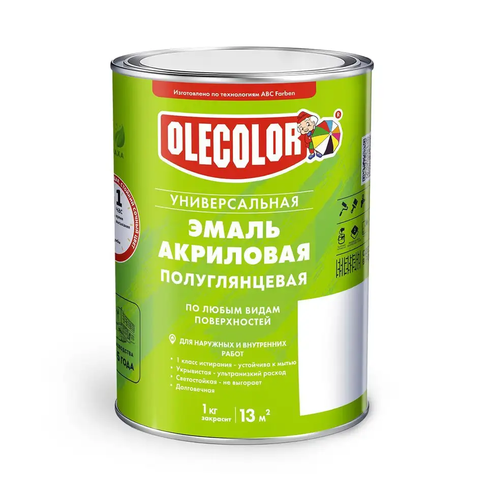 Эмаль акриловая Olecolor, полуглянцевая, 0,9 кг, белая — фото 1 Эмаль акриловая Olecolor, полуглянцевая, 0,9 кг, белая — фото 1