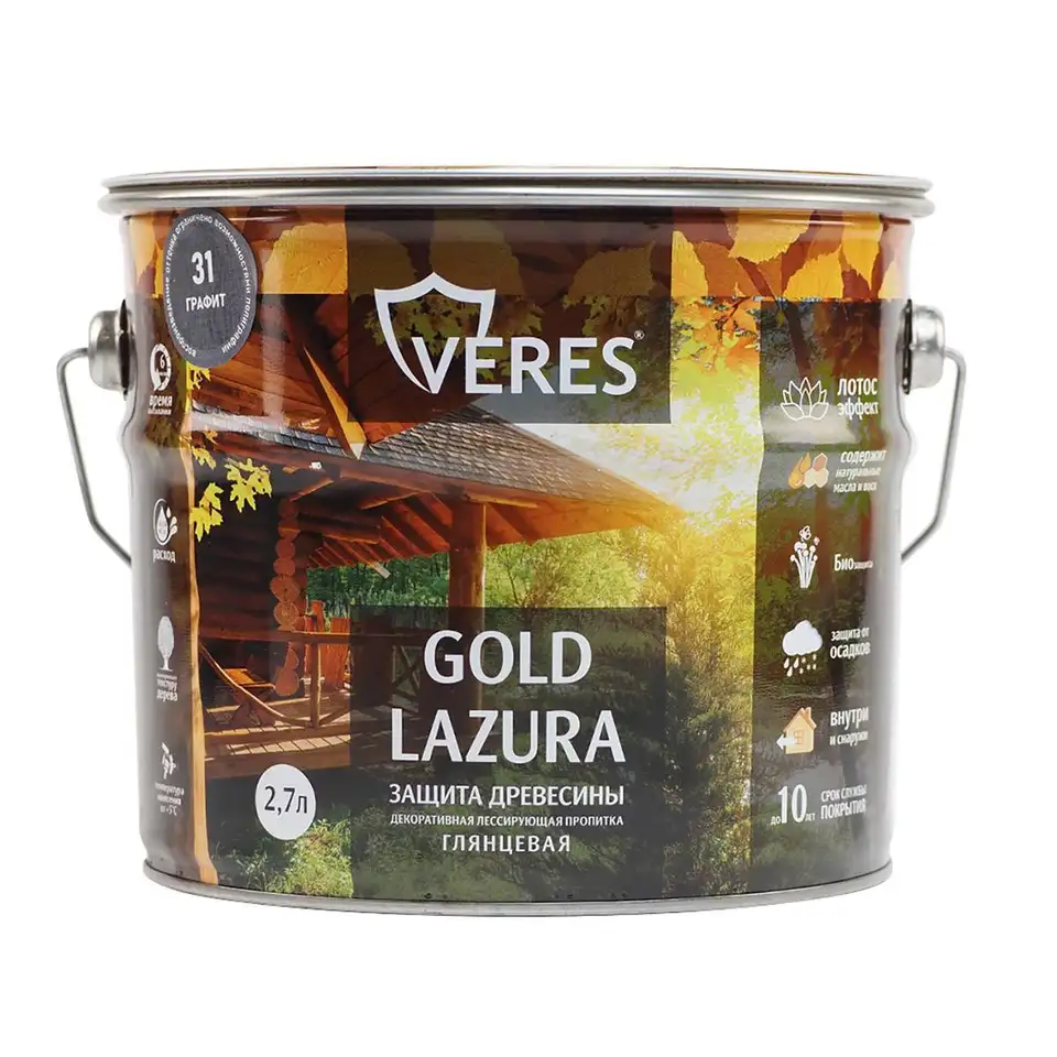Декоративная пропитка для дерева Верес Gold №31 VG-29, глянцевая, 2,7 л, графит — фото 1 Декоративная пропитка для дерева Верес Gold №31 VG-29, глянцевая, 2,7 л, графит — фото 1