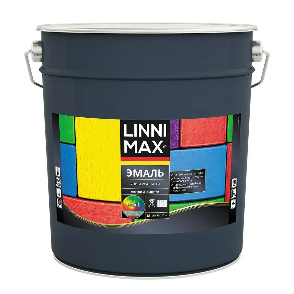 Эмаль алкидная Linnimax, универсальная, шелковисто-матовая, база 1, белая, 9 л — фото 1 Эмаль алкидная Linnimax, универсальная, шелковисто-матовая, база 1, белая, 9 л — фото 1