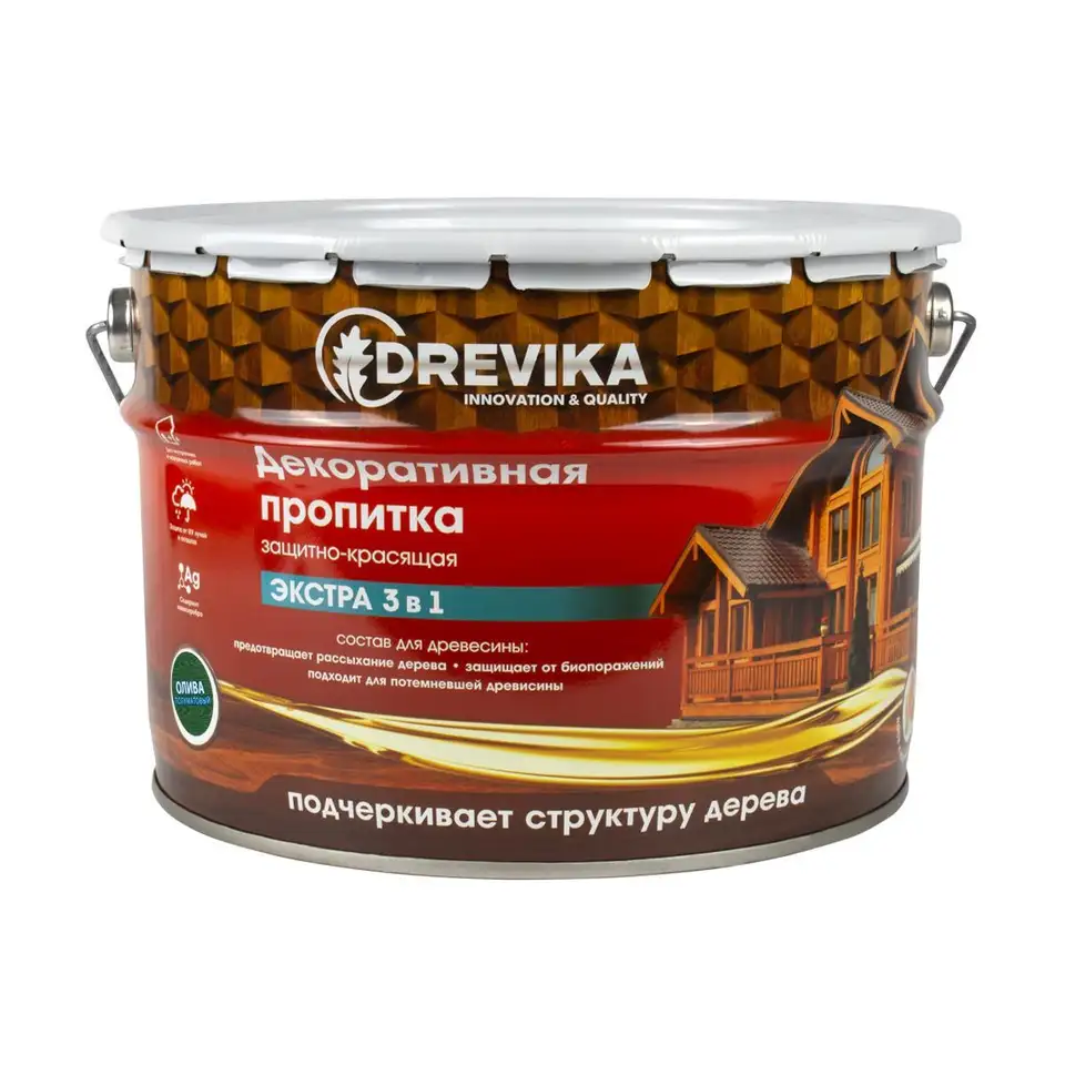 Декоративная пропитка для дерева Drevika Экстра 3 в 1, полуматовая, 9 л, олива — фото 1