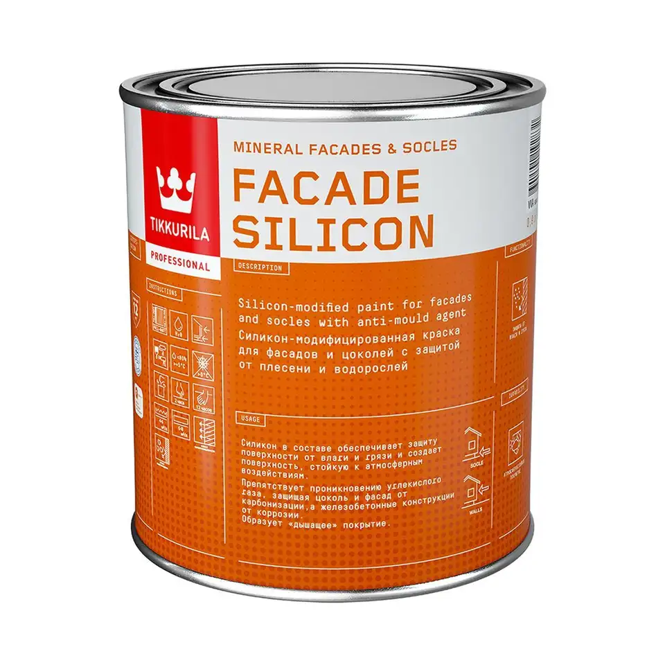 Краска для фасадов и цоколей Tikkurila Facade Silicon (Фасад Силикон), 0,9 л, белый, база А — фото 1 Краска для фасадов и цоколей Tikkurila Facade Silicon (Фасад Силикон), 0,9 л, белый, база А — фото 1