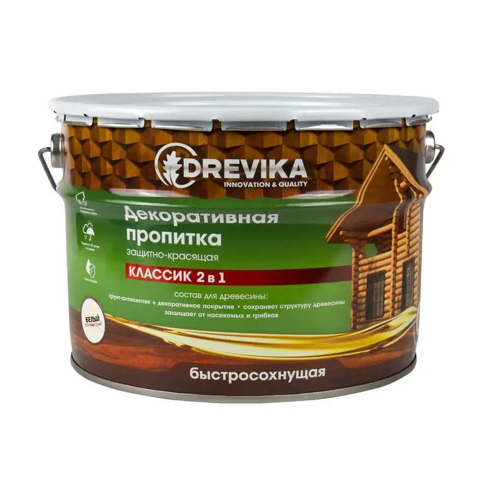 Декоративная пропитка для дерева Drevika Классик 2 в 1, полуматовая, 9 л, белая — фото 1