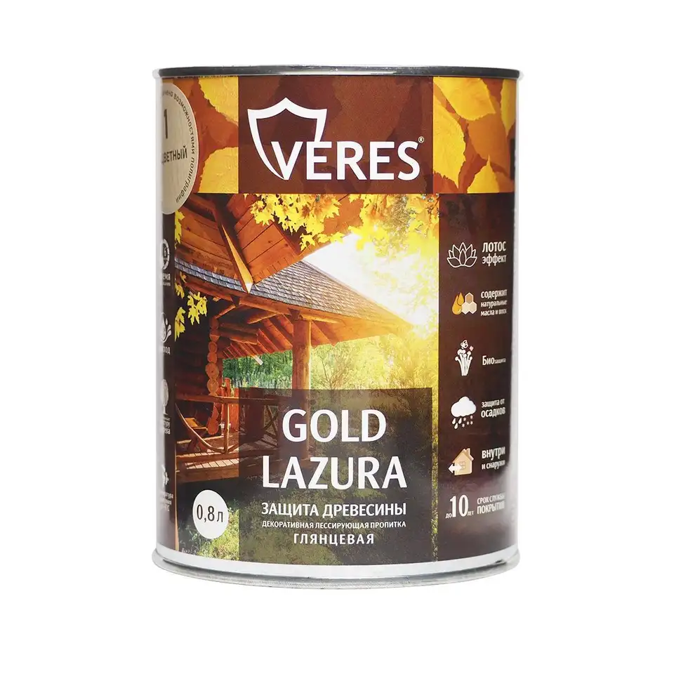 Декоративная пропитка для дерева Верес Gold №1 VG-01, глянцевая, 0,8 л, бесцветная — фото 1 Декоративная пропитка для дерева Верес Gold №1 VG-01, глянцевая, 0,8 л, бесцветная — фото 1