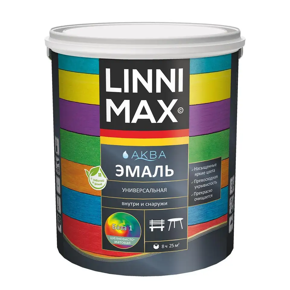Эмаль универсальная Linnimax Аква, акриловая, шелковисто-матовая, база 1, белая, 2,5 л — фото 1 Эмаль универсальная Linnimax Аква, акриловая, шелковисто-матовая, база 1, белая, 2,5 л — фото 1
