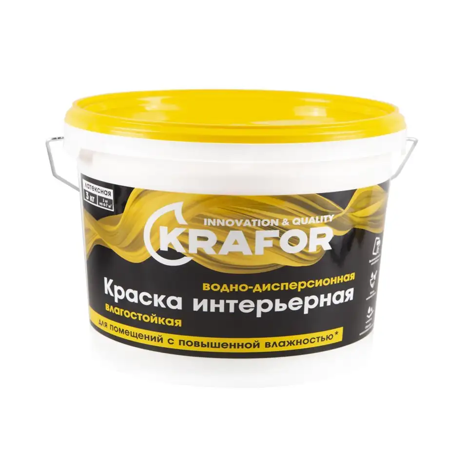Краска водно-дисперсионная интерьерная влагостойкая Krafor, латексная, 3 кг, белая — фото 1 Краска водно-дисперсионная интерьерная влагостойкая Krafor, латексная, 3 кг, белая — фото 1
