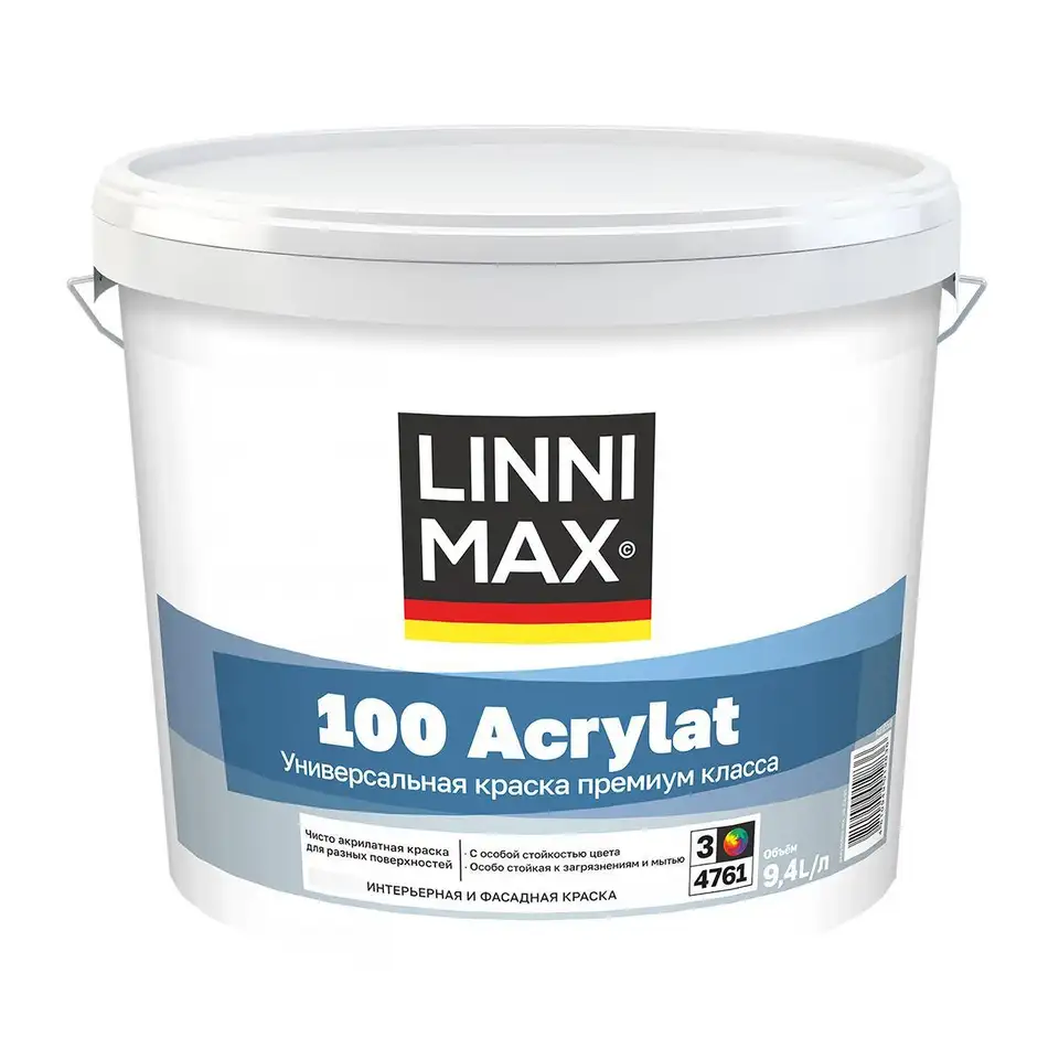 Краска фасадная Linnimax 100 Acrylat, полуматовая, база 3, бесцветная, 9,4 л — фото 1