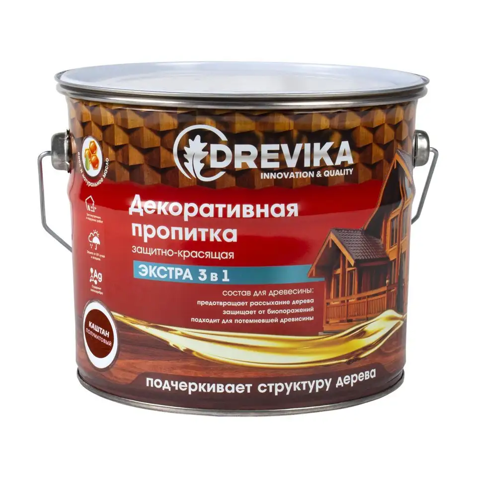 Декоративная пропитка для дерева Drevika Экстра 3 в 1, полуматовая, 3 л, каштан — фото 1