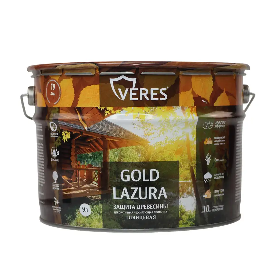 Декоративная пропитка для дерева Верес Gold №19 VG-27, глянцевая, 9 л, дуб — фото 1 Декоративная пропитка для дерева Верес Gold №19 VG-27, глянцевая, 9 л, дуб — фото 1