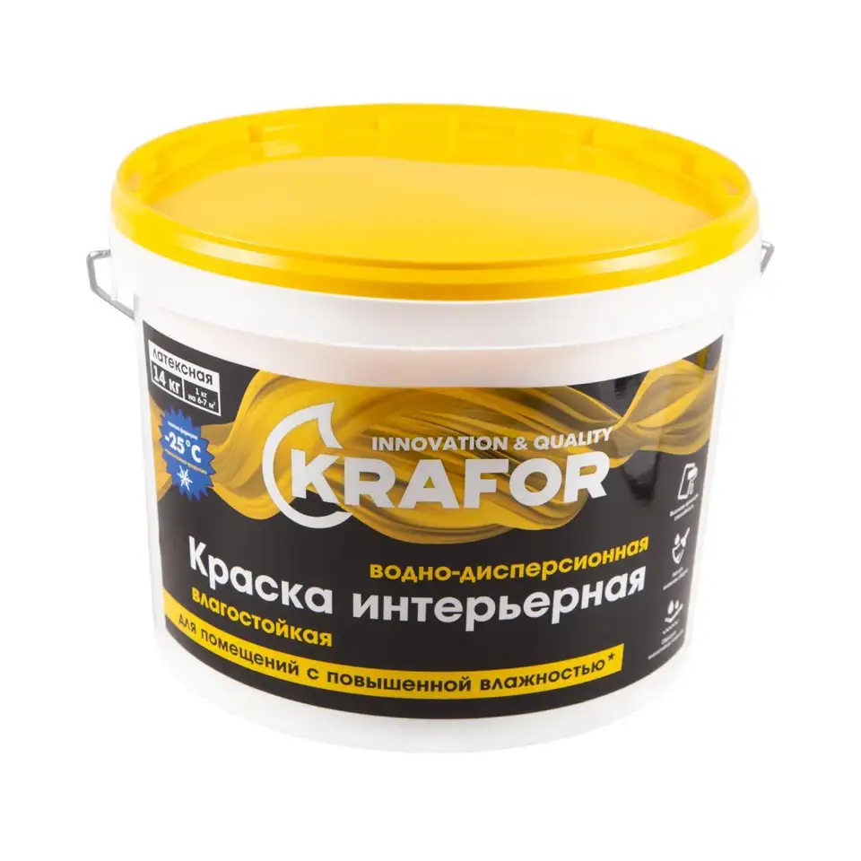Краска водно-дисперсионная интерьерная влагостойкая Krafor, латексная, 14 кг, белая — фото 1 Краска водно-дисперсионная интерьерная влагостойкая Krafor, латексная, 14 кг, белая — фото 1