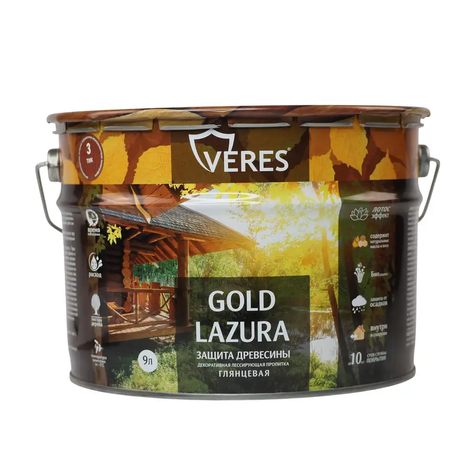 Декоративная пропитка для дерева Верес Gold №3 VG-09, глянцевая, 9 л, тик — фото 1 Декоративная пропитка для дерева Верес Gold №3 VG-09, глянцевая, 9 л, тик — фото 1