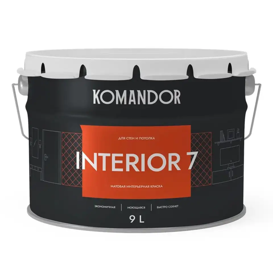 Краска для стен и потолков Komandor Interior 7, матовая, база C, бесцветная, 9 л — фото 1 Краска для стен и потолков Komandor Interior 7, матовая, база C, бесцветная, 9 л — фото 1