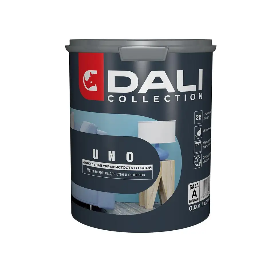 Краска для стен и потолков Dali Collection Uno, матовая, база А, белая, 0,9 л — фото 1