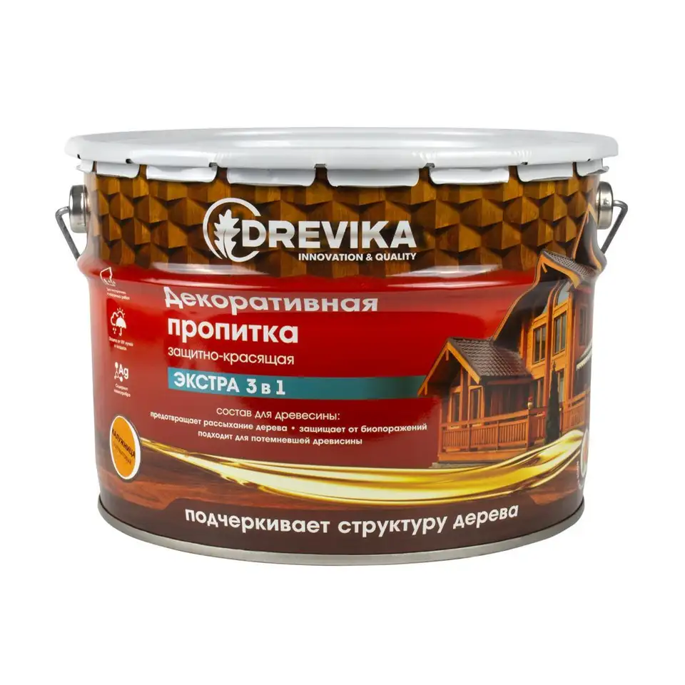 Декоративная пропитка для дерева Drevika Экстра 3 в 1, полуматовая, 9 л, калужница — фото 1