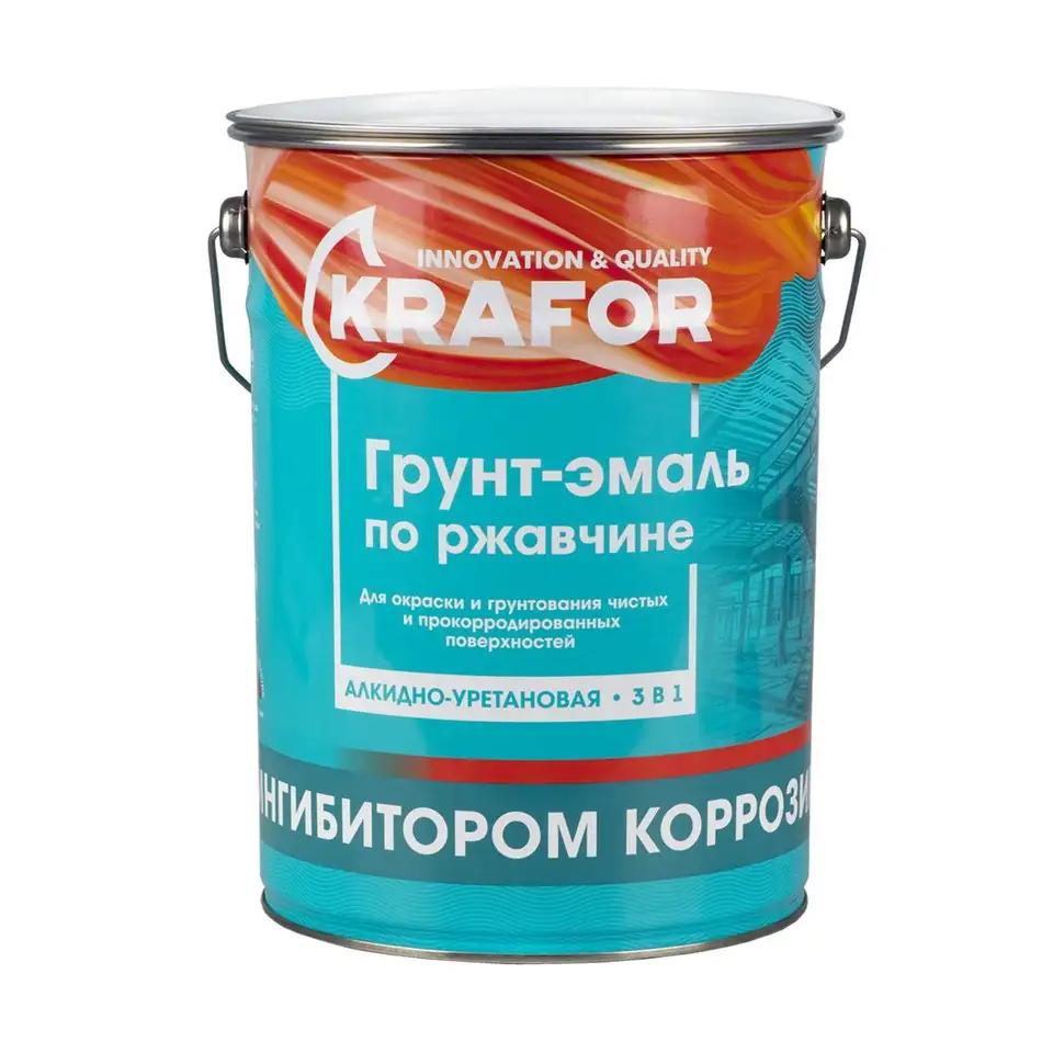 Грунт-эмаль по ржавчине 3 в 1 Krafor, алкидная, глянцевая, 5,5 кг, зеленая — фото 1 Грунт-эмаль по ржавчине 3 в 1 Krafor, алкидная, глянцевая, 5,5 кг, зеленая — фото 1
