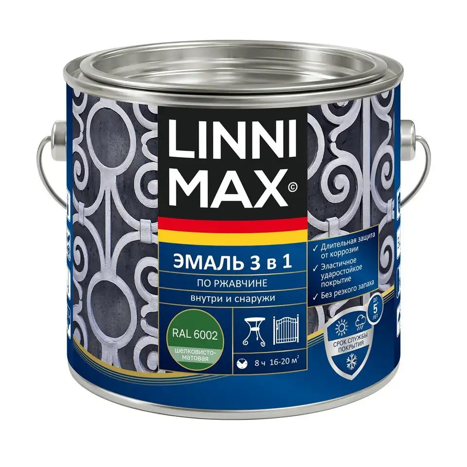 Грунт-эмаль по ржавчине Linnimax 3 в 1, 2 л, RAL 6002, зеленая — фото 1 Грунт-эмаль по ржавчине Linnimax 3 в 1, 2 л, RAL 6002, зеленая — фото 1