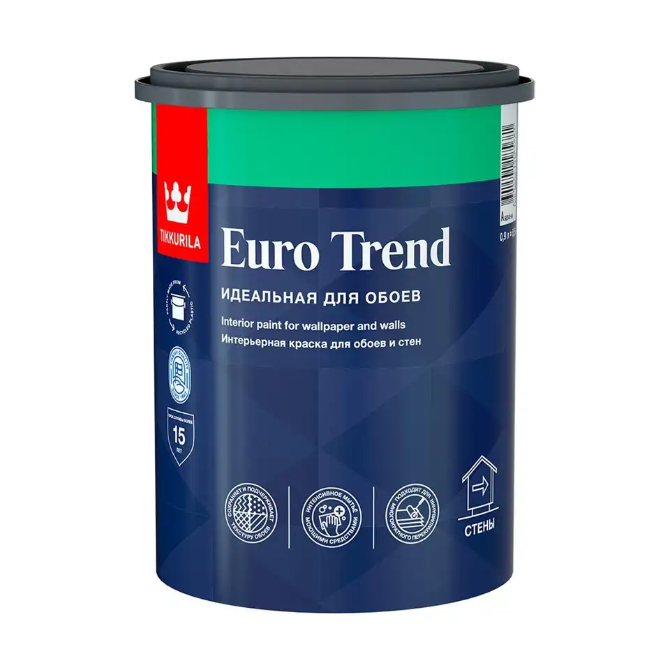 Краска интерьерная для обоев и стен Tikkurila Euro Trend (Евро Тренд), 0,9 л, белый, база А — фото 1 Краска интерьерная для обоев и стен Tikkurila Euro Trend (Евро Тренд), 0,9 л, белый, база А — фото 1