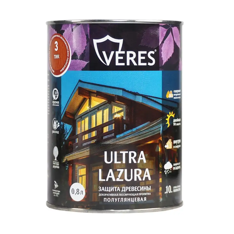 Декоративная пропитка для дерева Верес Ультра Лазура №3 VU-07, полуглянцевая, 0,8 л, тик — фото 1 Декоративная пропитка для дерева Верес Ультра Лазура №3 VU-07, полуглянцевая, 0,8 л, тик — фото 1