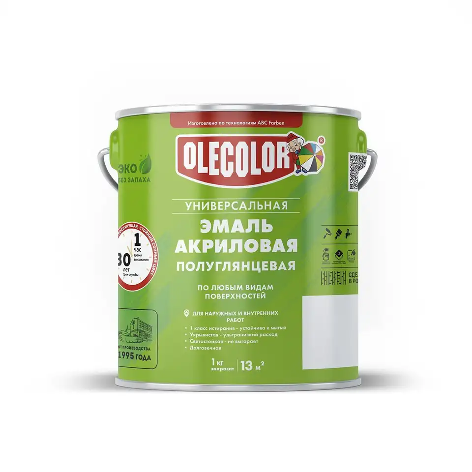 Эмаль акриловая Olecolor, полуглянцевая, 3 кг, белая — фото 1 Эмаль акриловая Olecolor, полуглянцевая, 3 кг, белая — фото 1