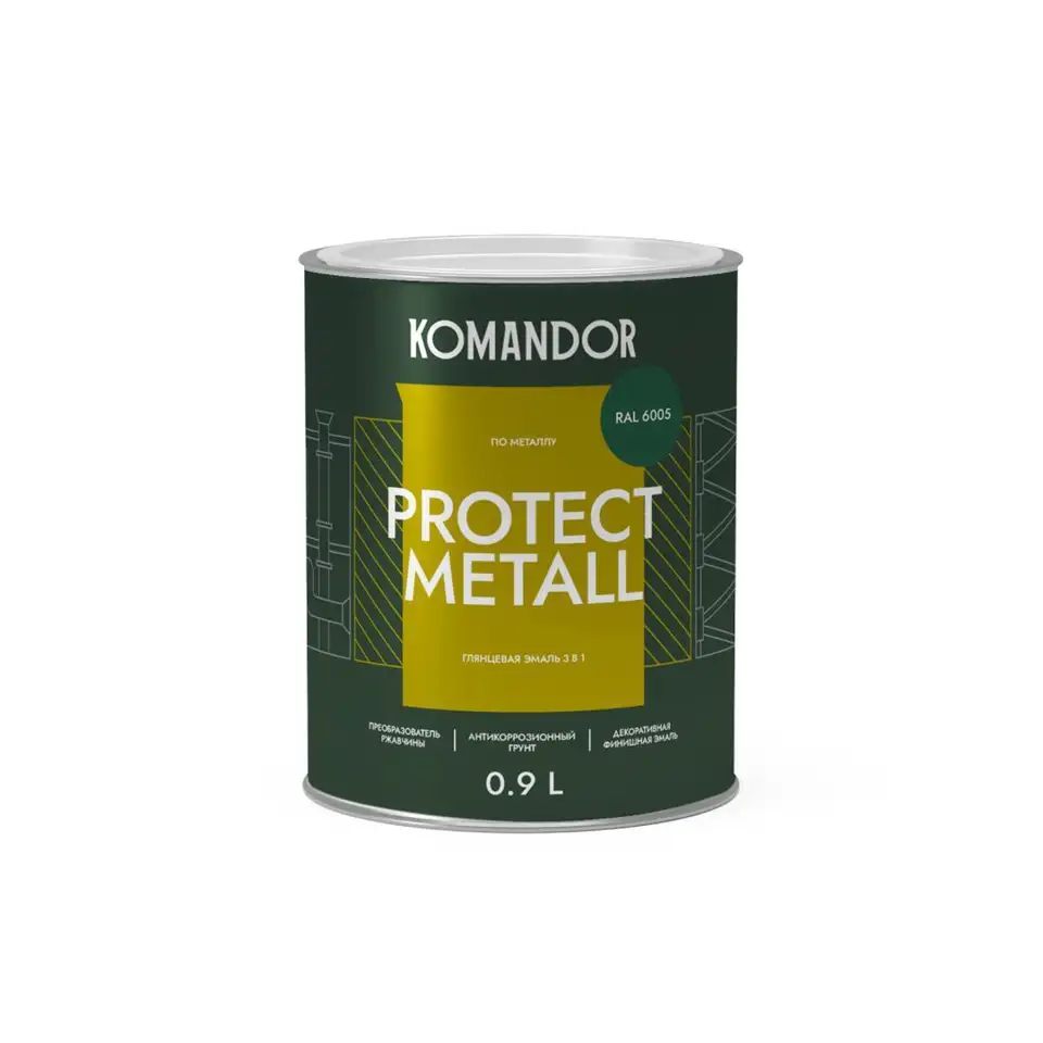 Грунт-эмаль по ржавчине 3 в 1 Komandor Protect Metall, глянцевая, 0,9 л, RAL 6005, зеленый — фото 1 Грунт-эмаль по ржавчине 3 в 1 Komandor Protect Metall, глянцевая, 0,9 л, RAL 6005, зеленый — фото 1