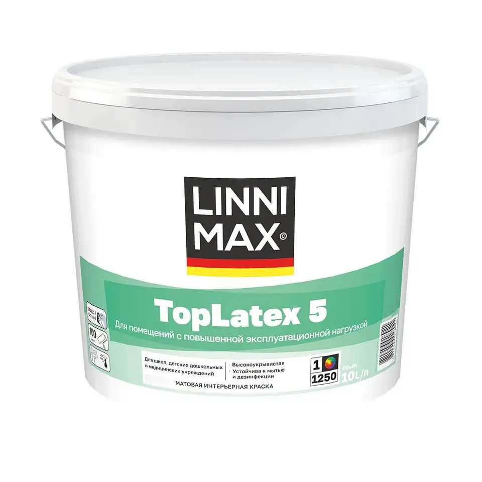 Краска интерьерная Linnimax Toplatex 5, матовая, база 1, белая, 10 л — фото 1