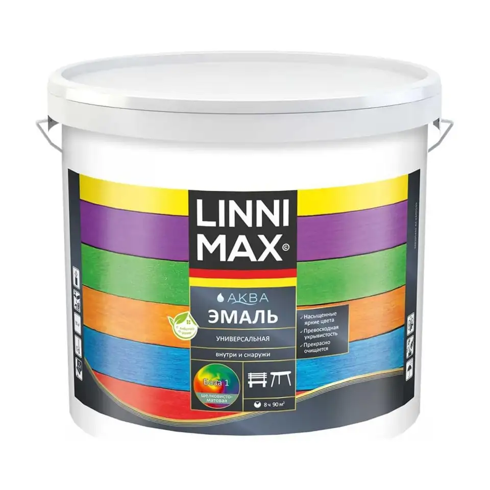 Эмаль акриловая Linnimax Аква, шелковисто-матовая, база 1, белая, 9 л — фото 1