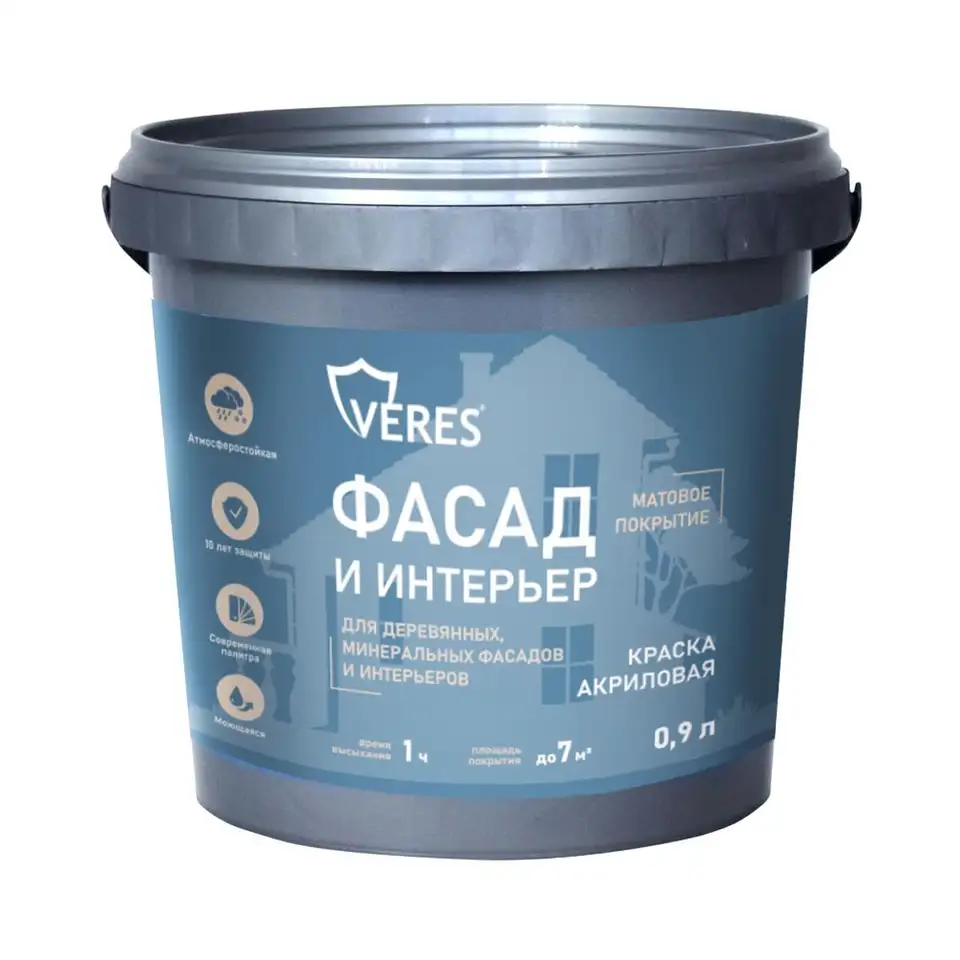 Краска акриловая Veres Фасад и интерьер, матовая, 0,9 л, оливковый — фото 1 Краска акриловая Veres Фасад и интерьер, матовая, 0,9 л, оливковый — фото 1