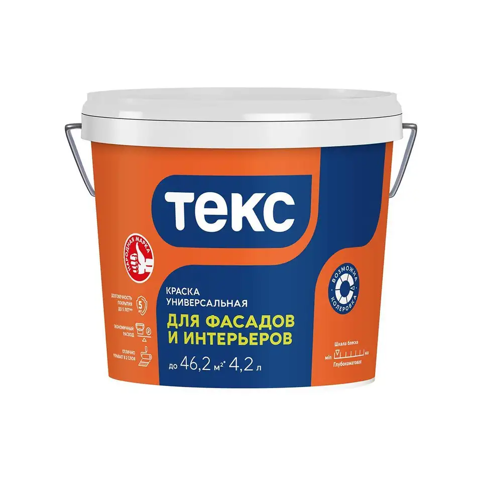 Краска для фасадов и интерьеров Текс, глубокоматовая, база A, белая, 4,2 л/6,5 кг — фото 1