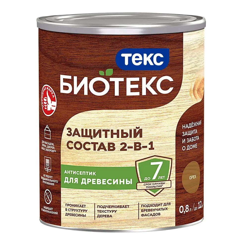 Защитный лессирующий состав для дерева Bioteks 2-в-1, 0,8 л, орех — фото 1 Защитный лессирующий состав для дерева Bioteks 2-в-1, 0,8 л, орех — фото 1