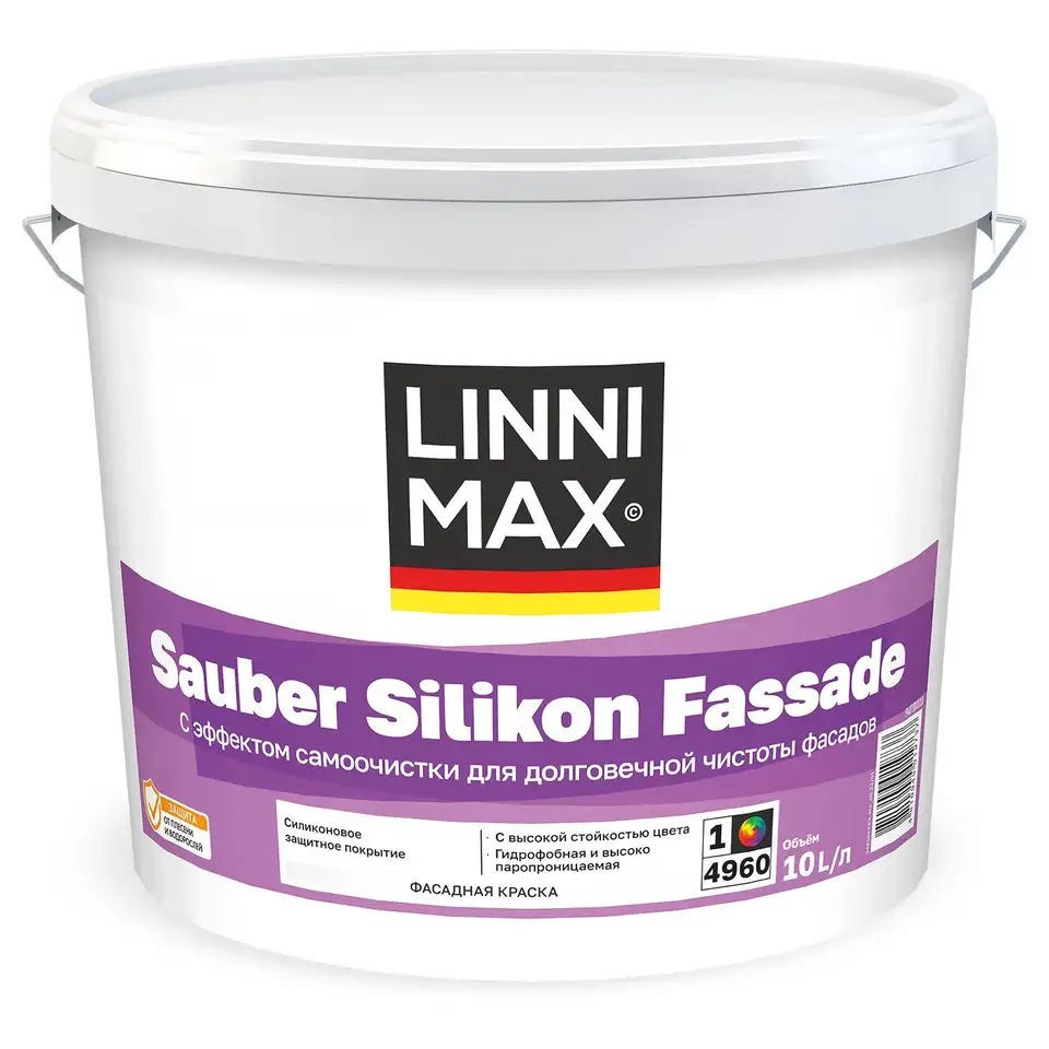 Краска фасадная силиконовая Linnimax Sauber Silikon Fassade, база 1, белая, 10 л — фото 1 Краска фасадная силиконовая Linnimax Sauber Silikon Fassade, база 1, белая, 10 л — фото 1