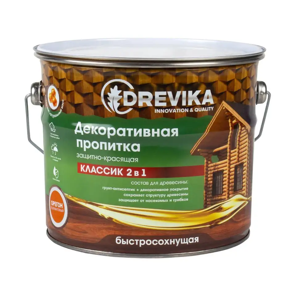 Декоративная пропитка для дерева Drevika Классик 2 в 1, полуматовая, 2,7 л, орегон — фото 1