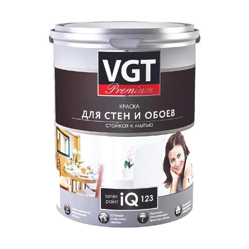 Краска моющаяся для стен и обоев VGT Premium iQ123, база A, белая, 9 л — фото 1