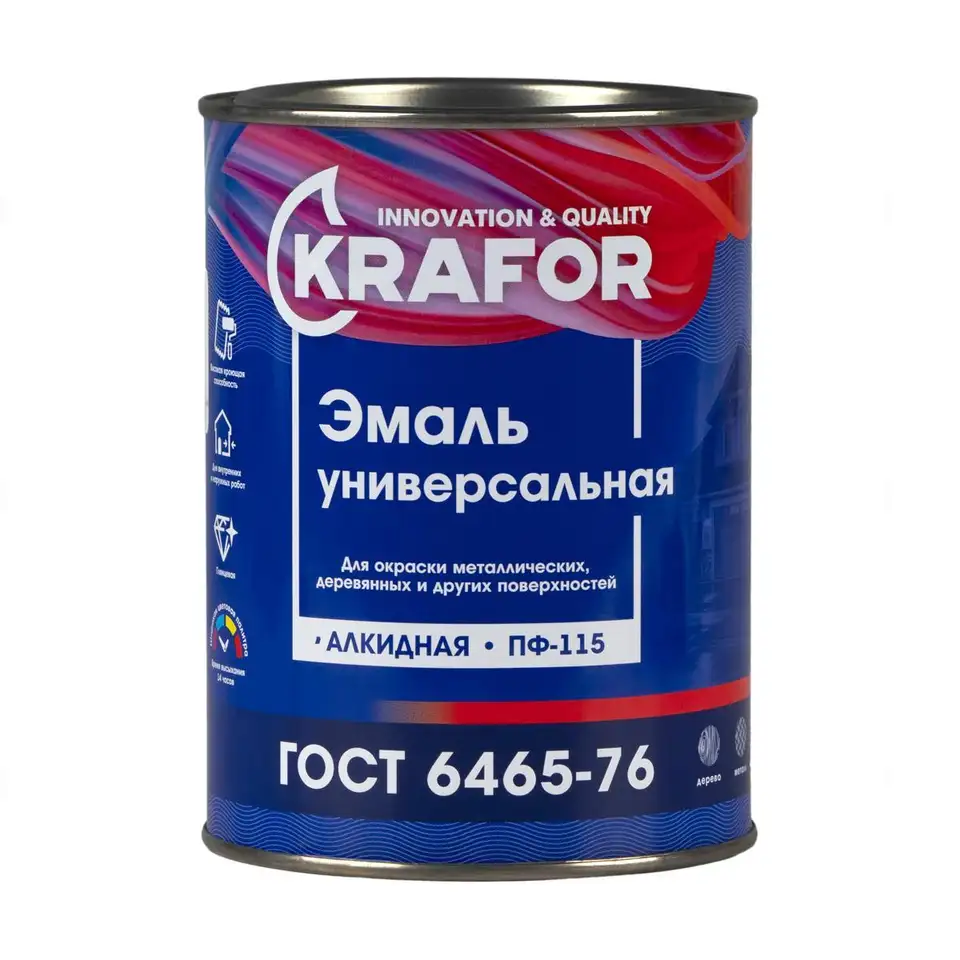 Эмаль ПФ-115 универсальная Krafor, алкидная, глянцевая, 0,9 кг, белая — фото 1