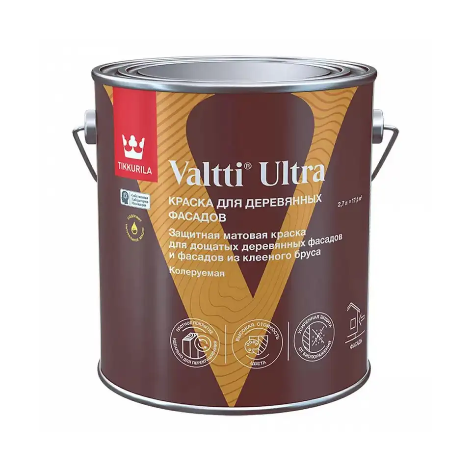 Краска для деревянных фасадов Tikkurila Valtti Ultra (Валтти Ультра), база С, бесцветная, 2,7 л — фото 1 Краска для деревянных фасадов Tikkurila Valtti Ultra (Валтти Ультра), база С, бесцветная, 2,7 л — фото 1