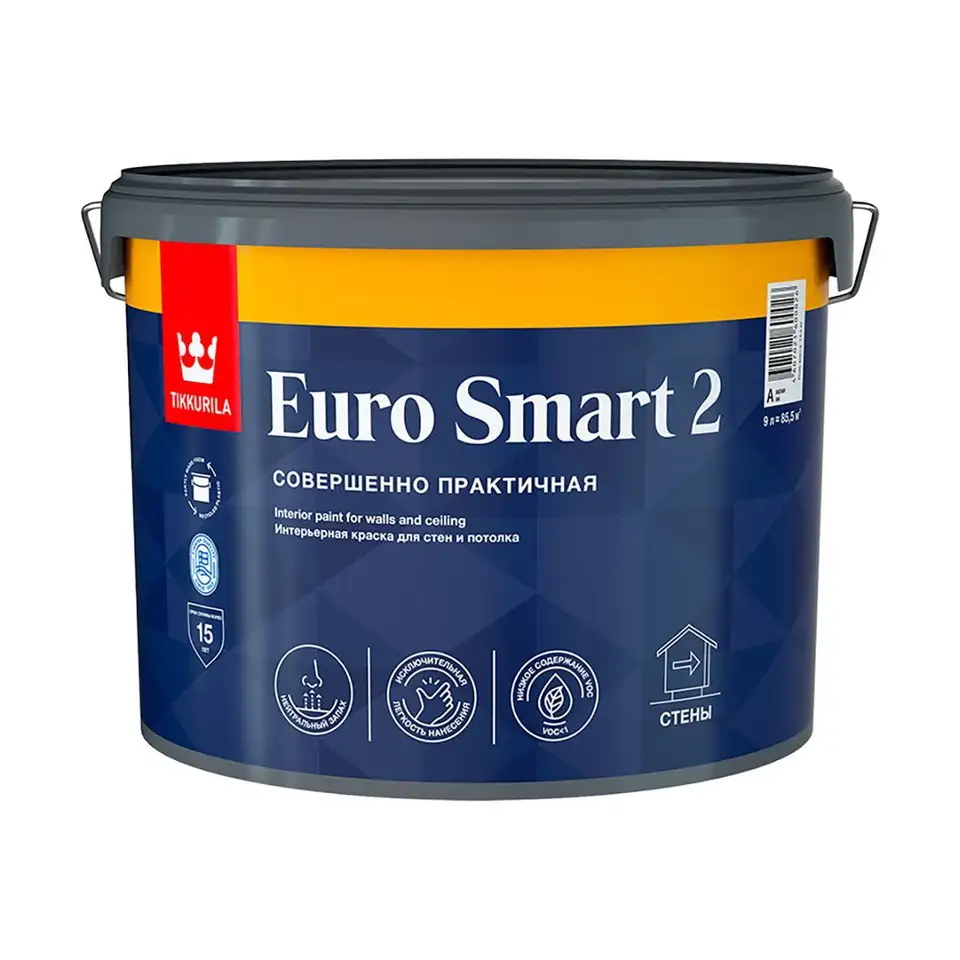 Краска моющаяся для стен и потолков Tikkurila Euro Smart 2 (Евро Смарт 2), 9 л, белый, база А — фото 1