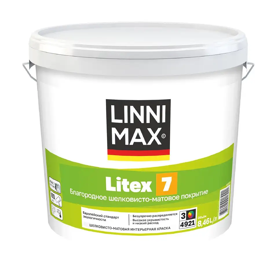 Краска интерьерная Linnimax Litex 7, шелковисто-матовая, база 3, бесцветная, 8,46 л — фото 1
