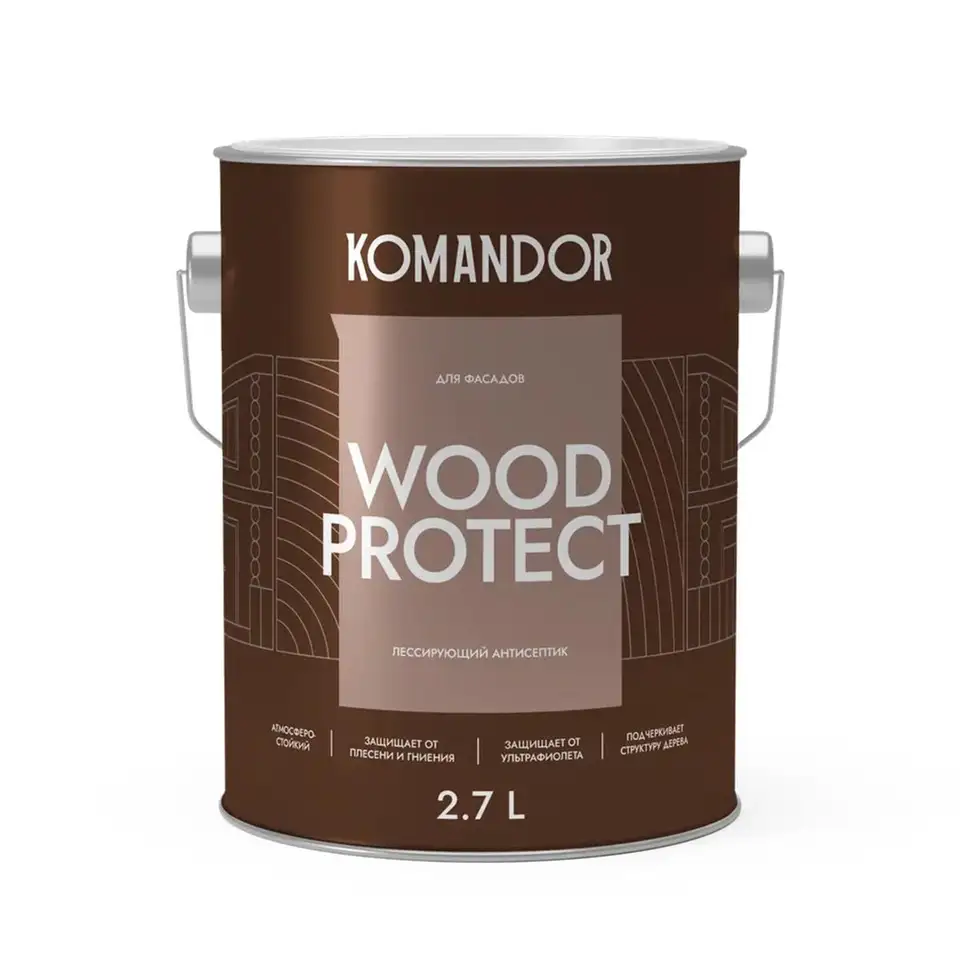 Антисептик для дерева Komandor Wood Protect, лессирующий, база С, бесцветный, 2,7 л — фото 1